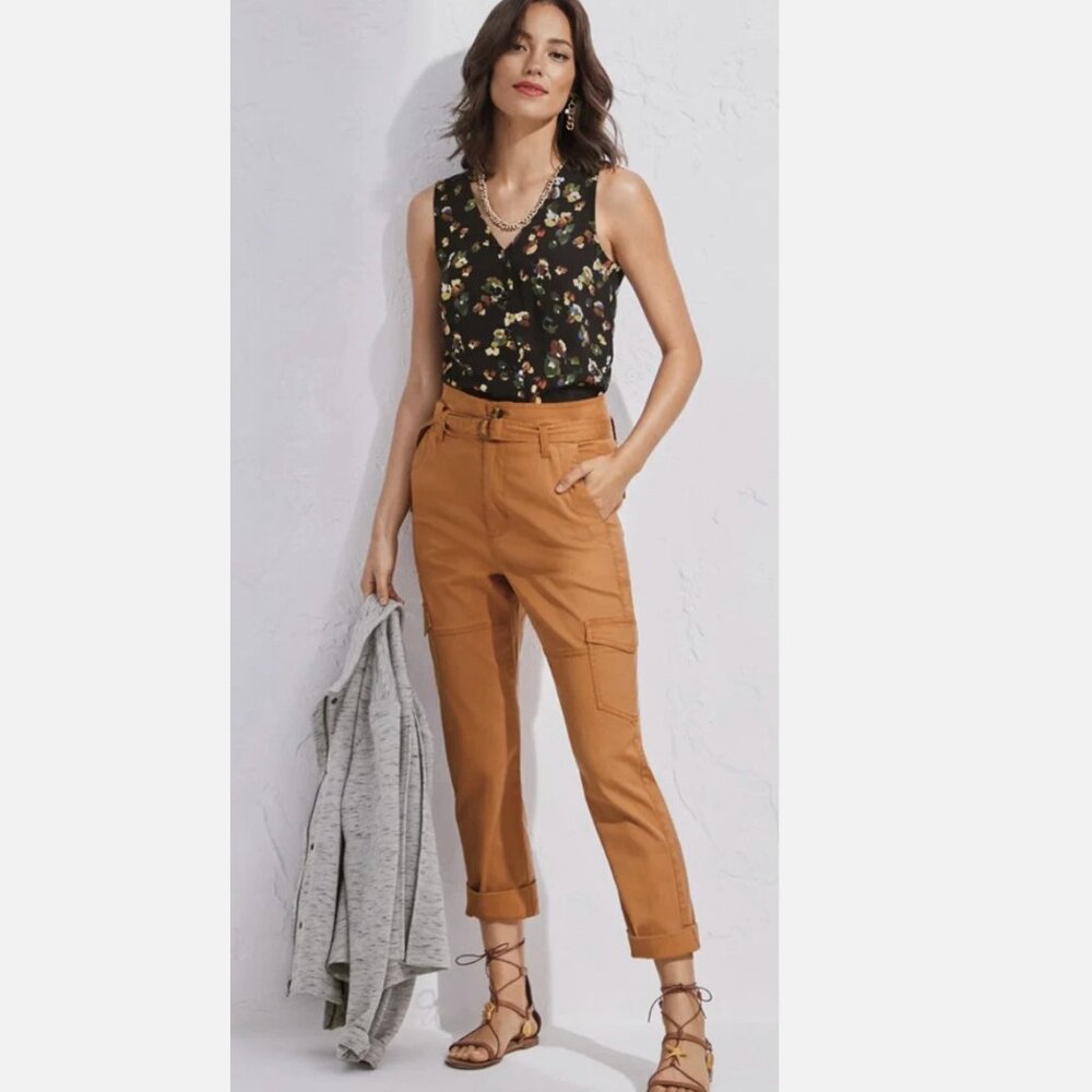 NWT Cabi  Paper Bag Cargo Pant #6045 Rust burnt orange Cashew  Belted SZ-14